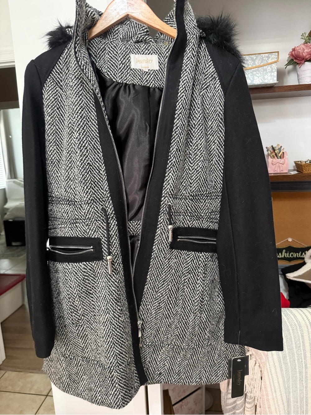 Laundry By Shelli Segal Black and Gray Herringbone Coat with Faux Fur Trim